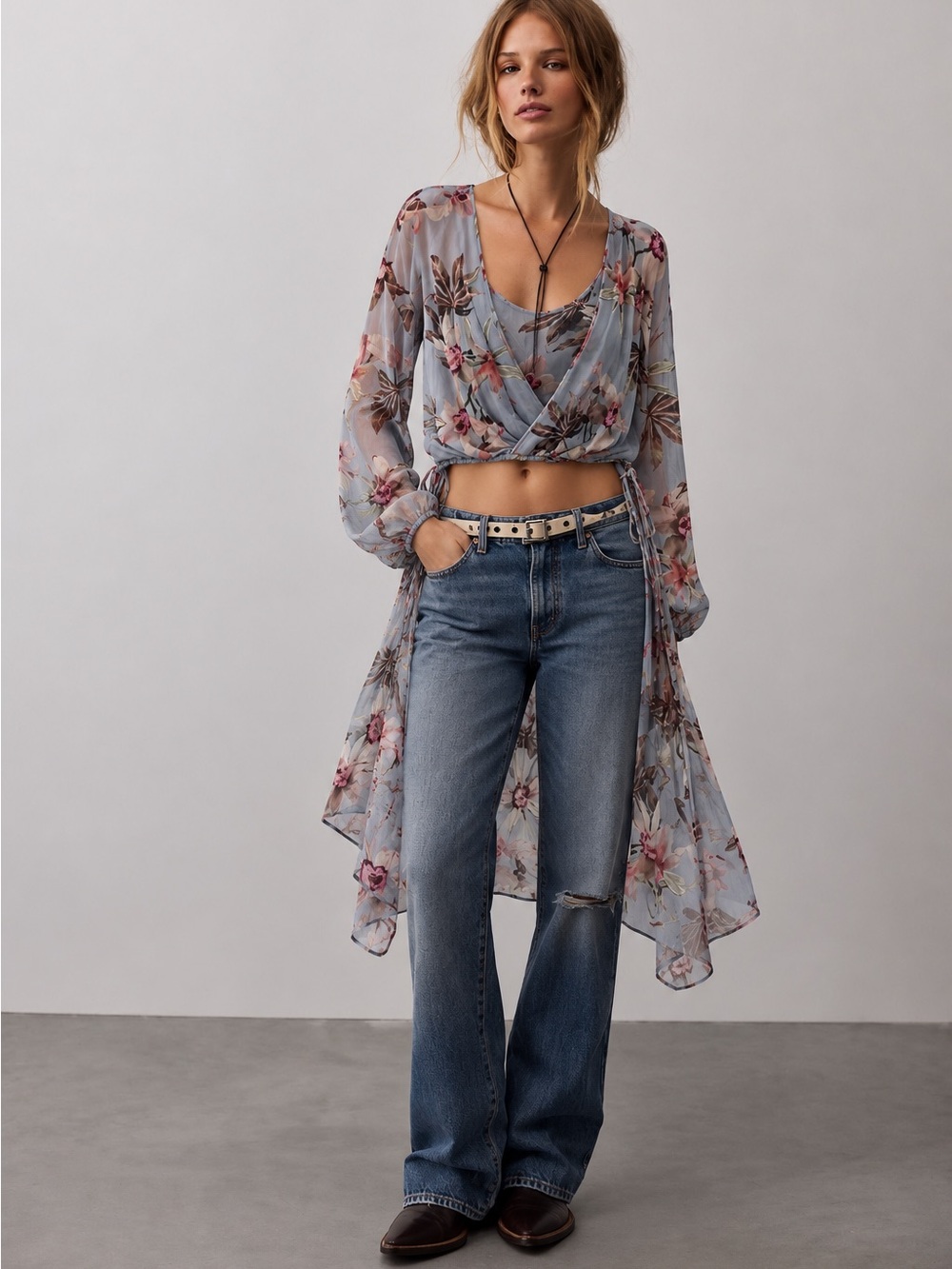 ALLSAINTS Avala Floral Wrap Top Kimono Blouse Gray Viscose US 10